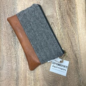 September Sky small clutch or coin purse 4.5”by 7” grey and brown leather